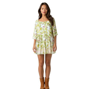 Cactus + Pearl Mini Dress L Multi Floral Shift Babydoll Square Neck Boho Chic